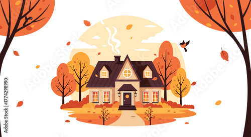 A charming house with a warm glow sits nestled among vibrant orange and yellow autumn trees with falling leaves under a sunny sky.