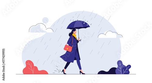 A stylish woman walks through a rainy cityscape, holding an umbrella and dressed in a sophisticated coat with a vibrant red handbag.