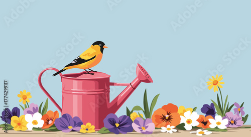 A cheerful yellow bird rests on a pink watering can, surrounded by a lively assortment of colorful flowers, symbolizing spring and nature's beauty.