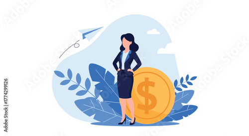 Successful female entrepreneur exudes confidence while standing next to a large golden coin, symbolizing wealth, investment, and financial growth.
