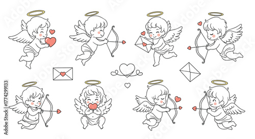 Cute cartoon cupids with halos, wings, hearts, bows, arrows, and love letters, embodying romance for Valentine's Day and sweet affection.