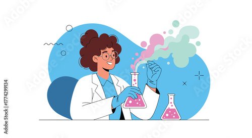 Smiling female scientist conducting a colorful chemical experiment in a laboratory, observing reactions with beakers and smoke.