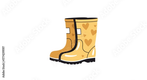 A charming pair of bright yellow rain boots featuring sweet heart patterns, perfect for joyful puddle-jumping on a wet day.