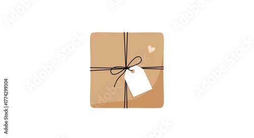 A charming, minimalist illustration of a brown gift box tied with black string and a bow, featuring a blank white tag and a delicate heart.