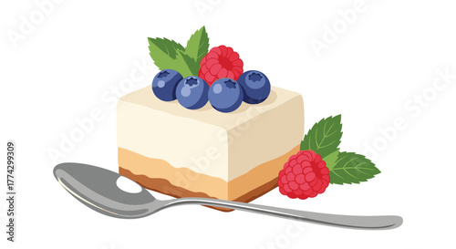 A square piece of cheesecake or dessert bar, topped with blueberries, a raspberry, and mint leaves, served with a silver spoon on a white background.