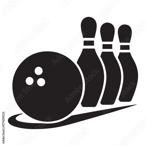 Silhouette of a bowling ball and pins black and white vector illustration