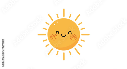 A cheerful and cute cartoon sun illustration with a smiling face, rosy spiral cheeks, and radiating rays, symbolizing warmth and happiness.