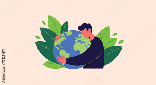 A person lovingly embraces the planet Earth, symbolizing environmental protection, sustainability, and a commitment to a greener future.