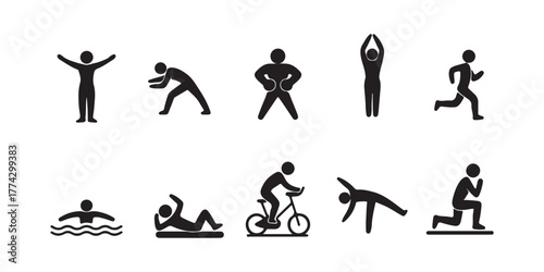 Black Stick Figure Icons of Exercise and Sports on a White Background
