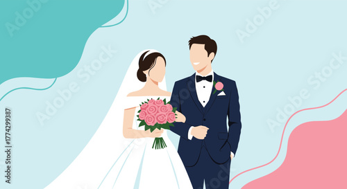 A loving bride and groom in elegant wedding attire, the bride holding a beautiful pink rose bouquet, symbolizing their commitment.