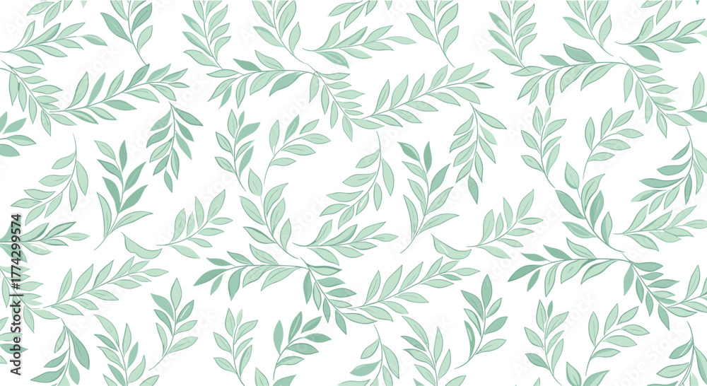 Naklejka premium Light green leafy branches form a gentle, organic seamless pattern, evoking a sense of nature and tranquility on a clean white backdrop.