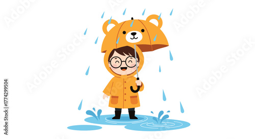A cheerful child in a yellow raincoat and bear-shaped umbrella joyfully plays in puddles while it rains.