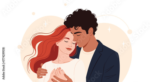 A tender illustration of a diverse couple sharing a loving embrace, eyes closed in happiness, symbolizing romance and deep affection.