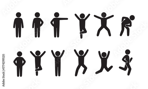 Black Stick Figures Displaying Various Activities Exercise, Stretching, and Running Pictograms