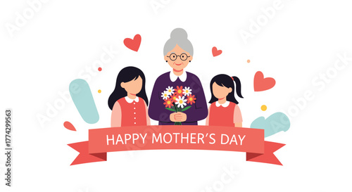 A loving grandmother celebrates Mother's Day with her two granddaughters, holding a bouquet of flowers, surrounded by hearts and a festive banner.