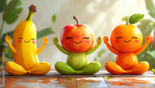 A banana, apple, and orange sit in a meditative pose with smiling faces and raised arms. This cheerful cartoon scene promotes mindfulness and wellness through playful fruit characters
