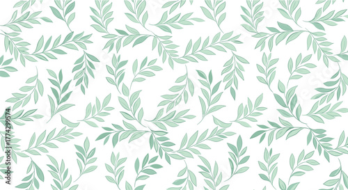 Light green leafy branches form a gentle, organic seamless pattern, evoking a sense of nature and tranquility on a clean white backdrop.