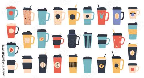A vibrant collection of diverse coffee cups, mugs, and travel tumblers for hot beverages, in various styles and colors.