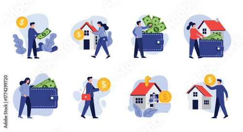 Illustrations showing people managing money, saving for a house, and making financial investments for future security.