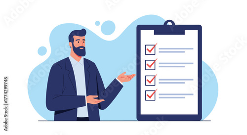 A professional man in a suit confidently presents a clipboard with a completed checklist, symbolizing successful task management and achievement.
