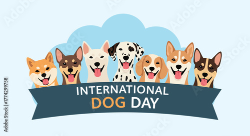 Happy cartoon dogs of various breeds, including a Dalmatian and Corgi, joyfully celebrating International Dog Day with smiles and a festive banner.