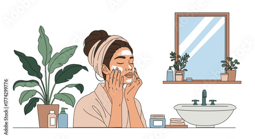 A woman indulges in a relaxing self-care skincare routine, applying a face mask in a bright, tranquil bathroom setting.