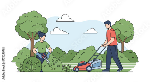A man mows the lawn with a push mower while a woman prunes bushes with gardening shears in a vibrant outdoor garden scene.