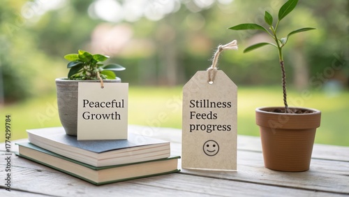 Two inspirational paper tags with messages of peaceful growth and stillness feeding progress are displayed on a stack of books next to a small plant
