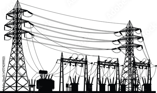 Silhouetted electrical substation and transmission towers with power lines, showcasing high-voltage infrastructure for energy distribution and grid systems
