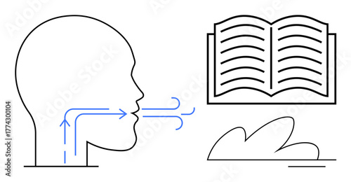 Head profile with arrows indicating speech direction toward an open book. Ideal for education, language translation, knowledge sharing, communication, storytelling, learning, and collaboration