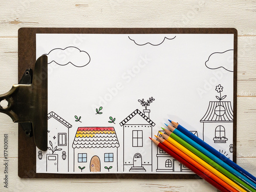 街並みの塗り絵と色鉛筆
