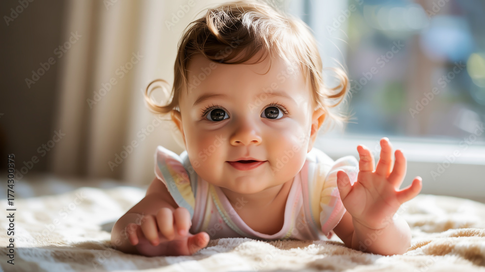 Fototapeta premium Adorable Baby on a Bed with a Waving Hand, Smiling at the Camera, Soft Focus Background