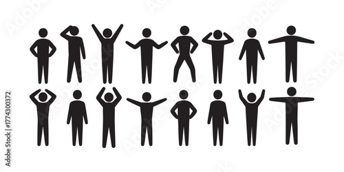 Pictogram of Diverse Person Poses Standing, Reaching, and Contemplative Figures Presentation