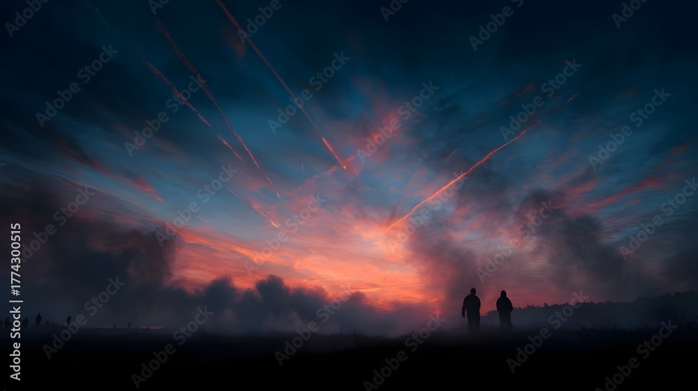 Fototapeta premium Silhouetted figures walk through a misty field under a dramatic sunset sky filled with vibrant colors and aerial streaks