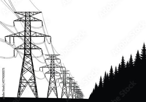 Silhouetted transmission towers and substation with power lines crossing forest landscape, illustrating high-voltage electricity infrastructure and energy grid