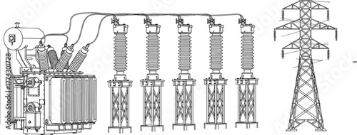 Technical illustration of electrical substation with transformer, circuit breakers, and transmission tower for high-voltage power distribution infrastructure system