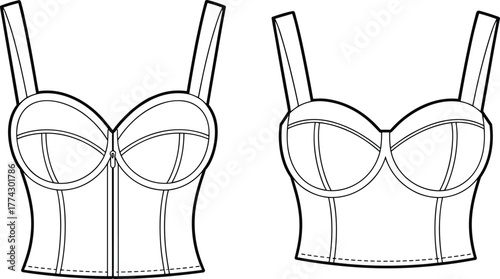 Technical fashion sketch of bustier top with structured cups, zipper front, vertical seams, shoulder straps, front and back view template
