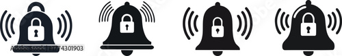 Security Alert & Monitoring. Four black bell icons with locks, depicting a ringing sound, symbolize security and alerts.
