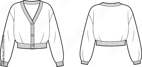 Technical fashion sketch of cropped cardigan sweater with V-neck, balloon sleeves, ribbed trim, front and back views for apparel design.