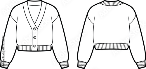Technical fashion sketch of cropped cardigan with V-neck, button front, ribbed trim, long sleeves, front and back views for apparel design.