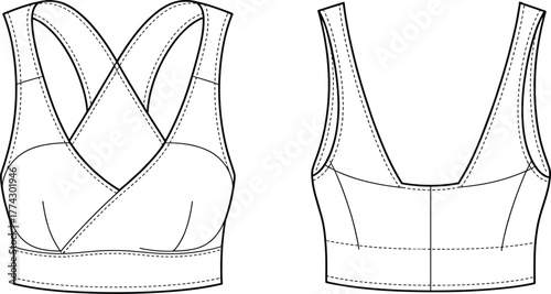 Technical fashion sketch of crisscross sports bra with wide straps, V-neckline, scoop back, front and back view garment template