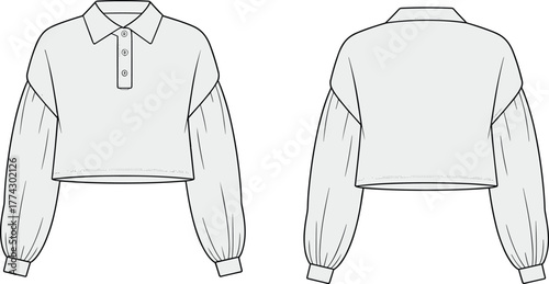 Technical fashion sketch of cropped shirt with collar, button placket, voluminous sleeves, front and back views for apparel design.