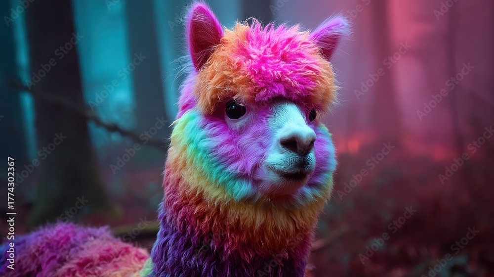 Naklejka premium A colorful, fluffy llama with rainbow-colored fur, sitting in a mystical, foggy forest with a mystical, foggy forest setting.