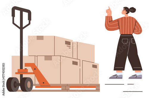 Woman pointing while standing by pallet jack loaded with stacked boxes. Ideal for logistics, delivery, warehouse management, supply chain, teamwork, organization, simple flat metaphor