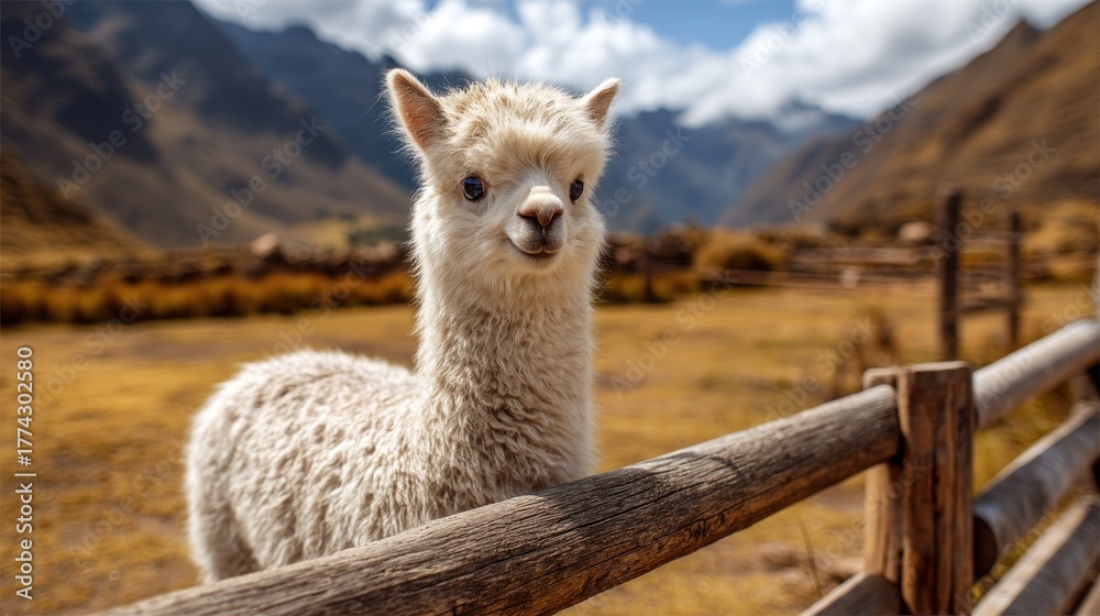 Fototapeta premium A white alpaca standing in a field with a wooden fence, looking towards the camera with a calm expression.