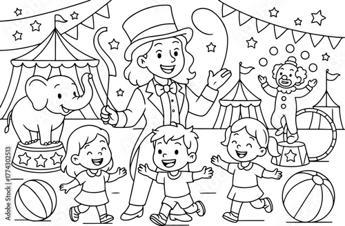 hand drawn vector doodle illustration of circus coloring page for kids line art