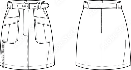 Technical fashion sketch of high-waisted skirt with belt, flap pockets, center zipper, front and back view for garment template