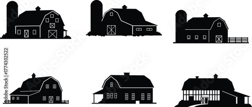 Barn icons, rural silhouette set, black outline structures, gambrel roof symbol, silo branding, porch concept, cupola badge, farm design
