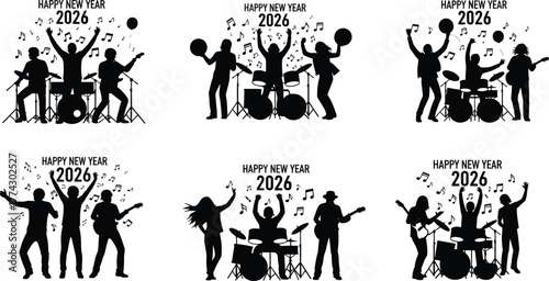 Band icons, Happy New Year 2026 silhouettes, music celebration set, black festive graphics, instrument and performer branding visuals