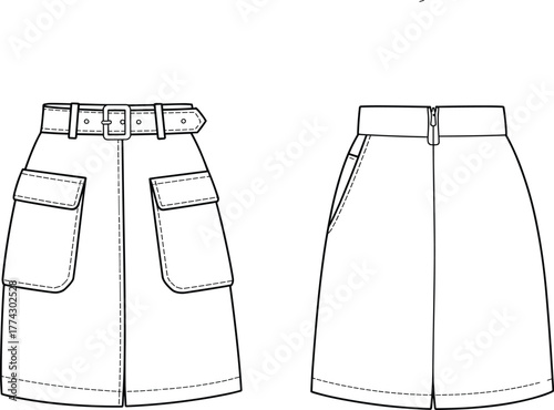 Technical fashion sketch of high-waisted skirt with belt, flap pockets, center zipper, front and back view garment construction template